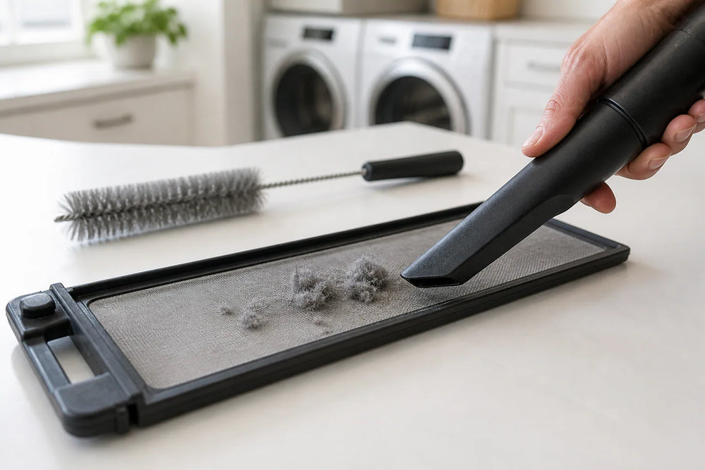 Homeowner using a narrow vacuum attachment to remove loose lint from a dryer lint-trap opening