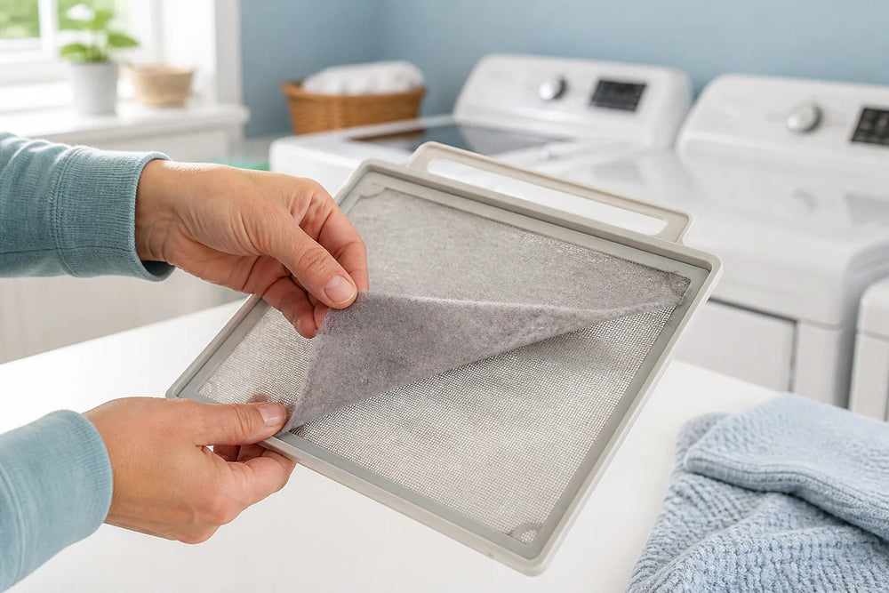 Homeowner removing lint from a dryer lint screen in a modern American laundry room