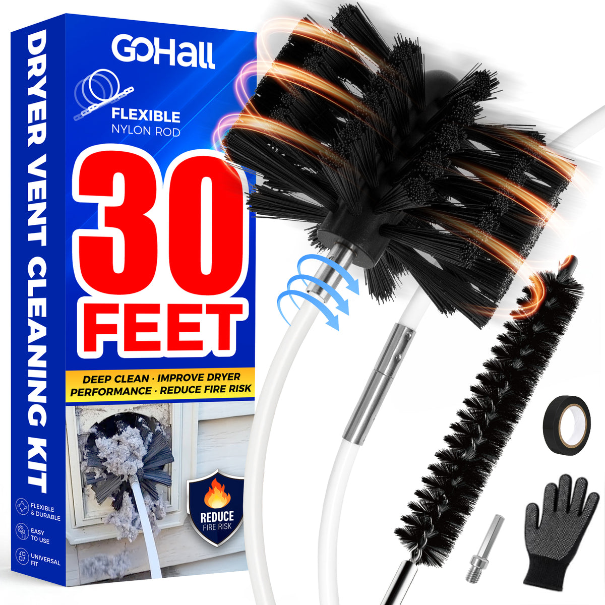Dryer Vent Cleaning Kit with Flexible Nylon Rods (30 FT)