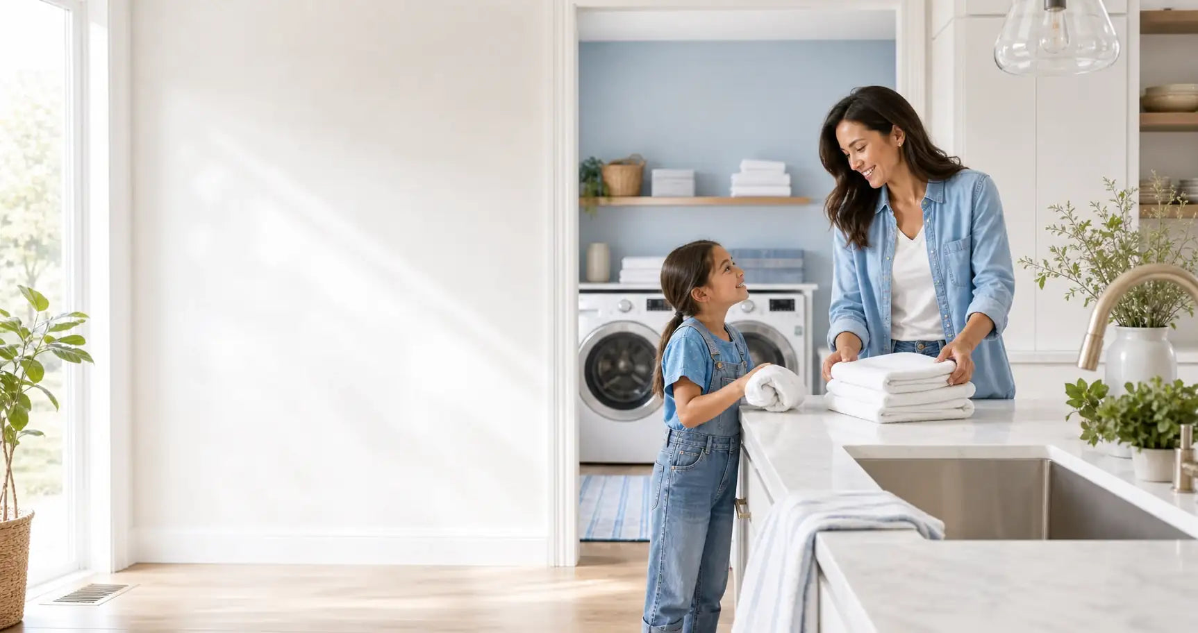 Bright American kitchen and laundry room scene with family folding clean towels